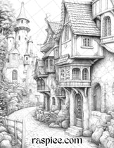 40 Fantasy Village Grayscale Coloring Pages Printable for Adults, PDF ...