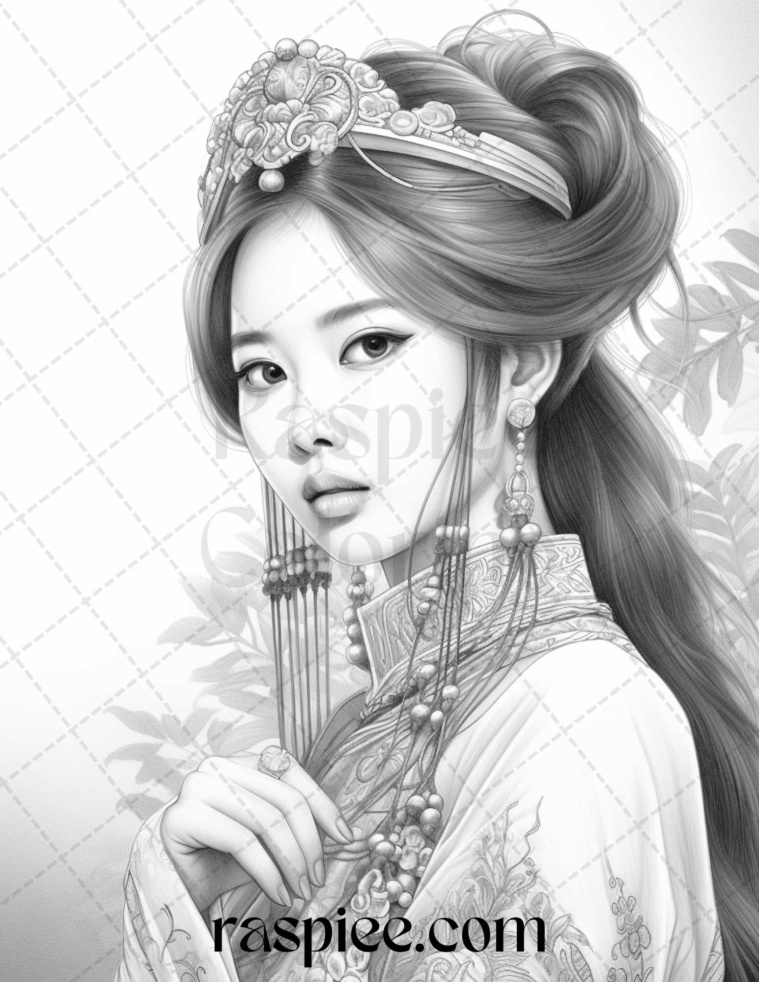 Chinese Girls Grayscale Coloring Page, Printable Adult Coloring Art, Relaxing Coloring Page for Adults, Intricate Chinese Girls Illustration, Mindful Grayscale Coloring Design, Portrait Coloring Pages for Adults