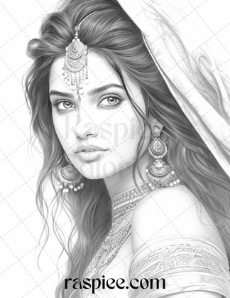 50 Beautiful Indian Women Grayscale Coloring Pages for Adults, Printab ...