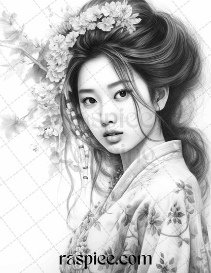 40 Beautiful Japanese Girls Grayscale Coloring Pages Printable for Adults, PDF File Instant Download - raspiee