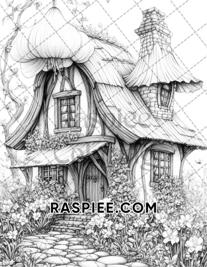 Fantasy Flower Houses Adult Coloring Pages Printable PDF Instant Download