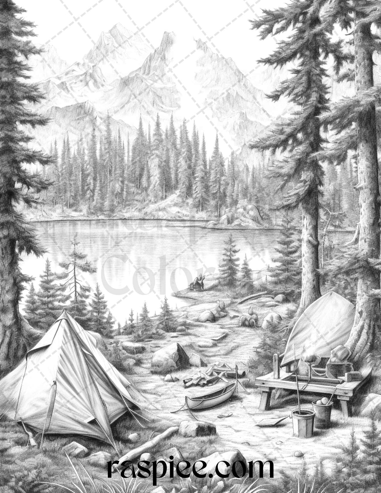 Nature Camping Grayscale Coloring Pages Printable, Relaxing Outdoor Scenes, PDF File Instant Download - raspiee