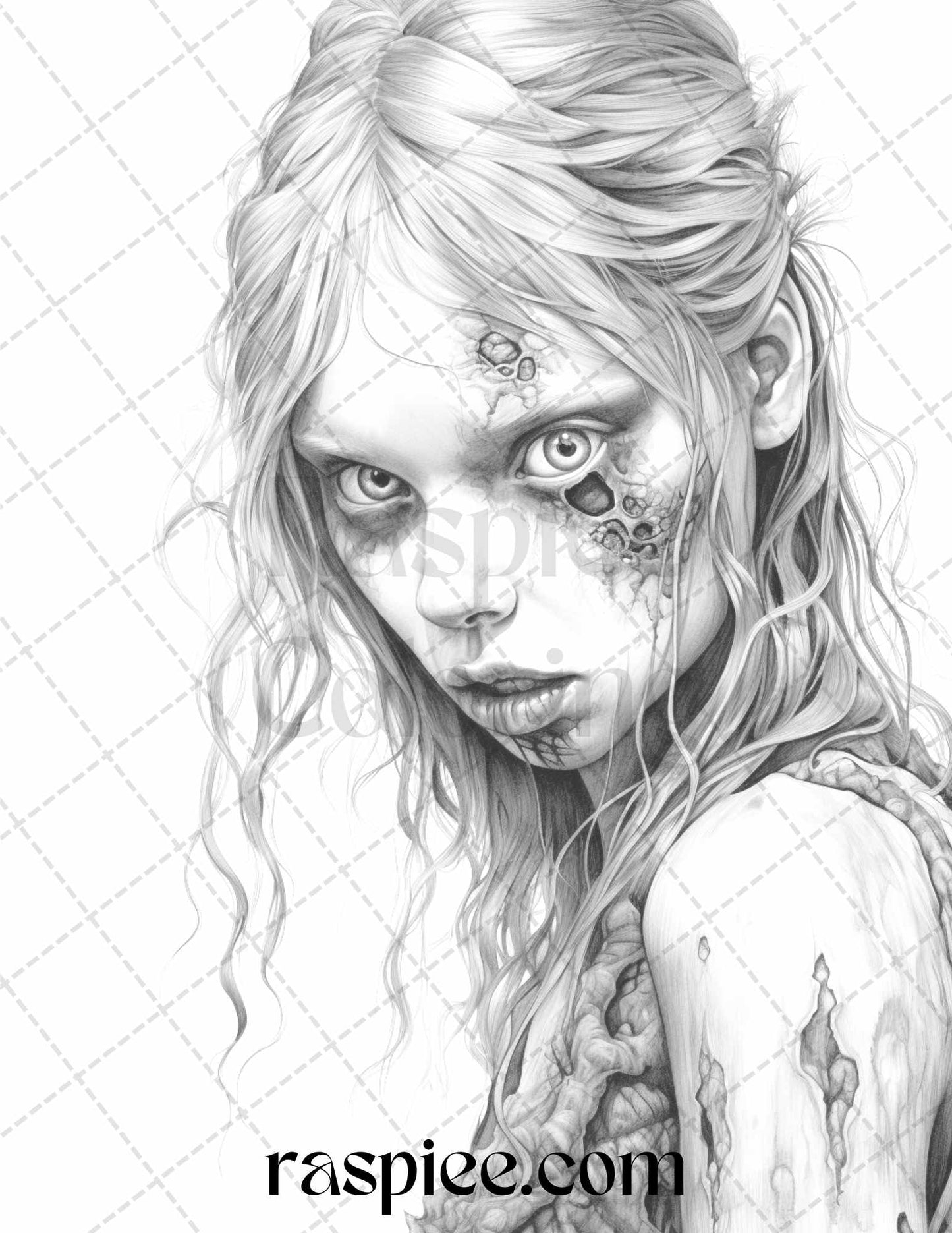 40 Scary Zombie Girls Grayscale Coloring Pages Printable for Adults, PDF File Instant Download - Raspiee Coloring