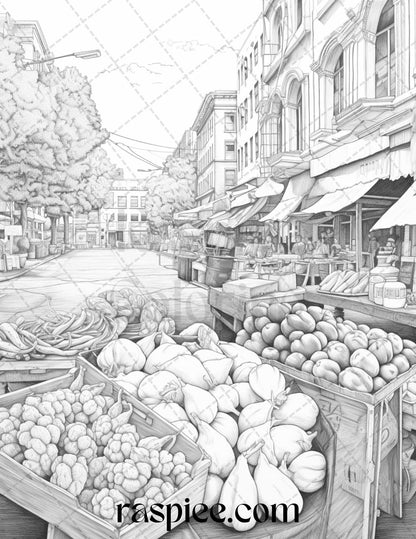 Autumn Street Markets Grayscale Coloring Pages, Printable Fall Coloring Sheets for Adults, Relaxing Autumn Coloring Therapy, Urban Street Scenes Adult Coloring, DIY Fall Coloring Activities