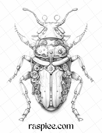 Steampunk bugs grayscale coloring pages, adult coloring printable, insect illustrations, grayscale art for adults, intricate coloring designs