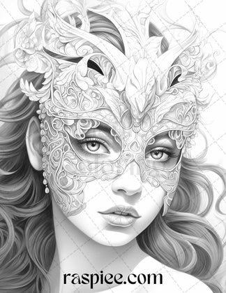 40 Masquerade Girls Grayscale Coloring Pages Printable for Adults, PDF ...