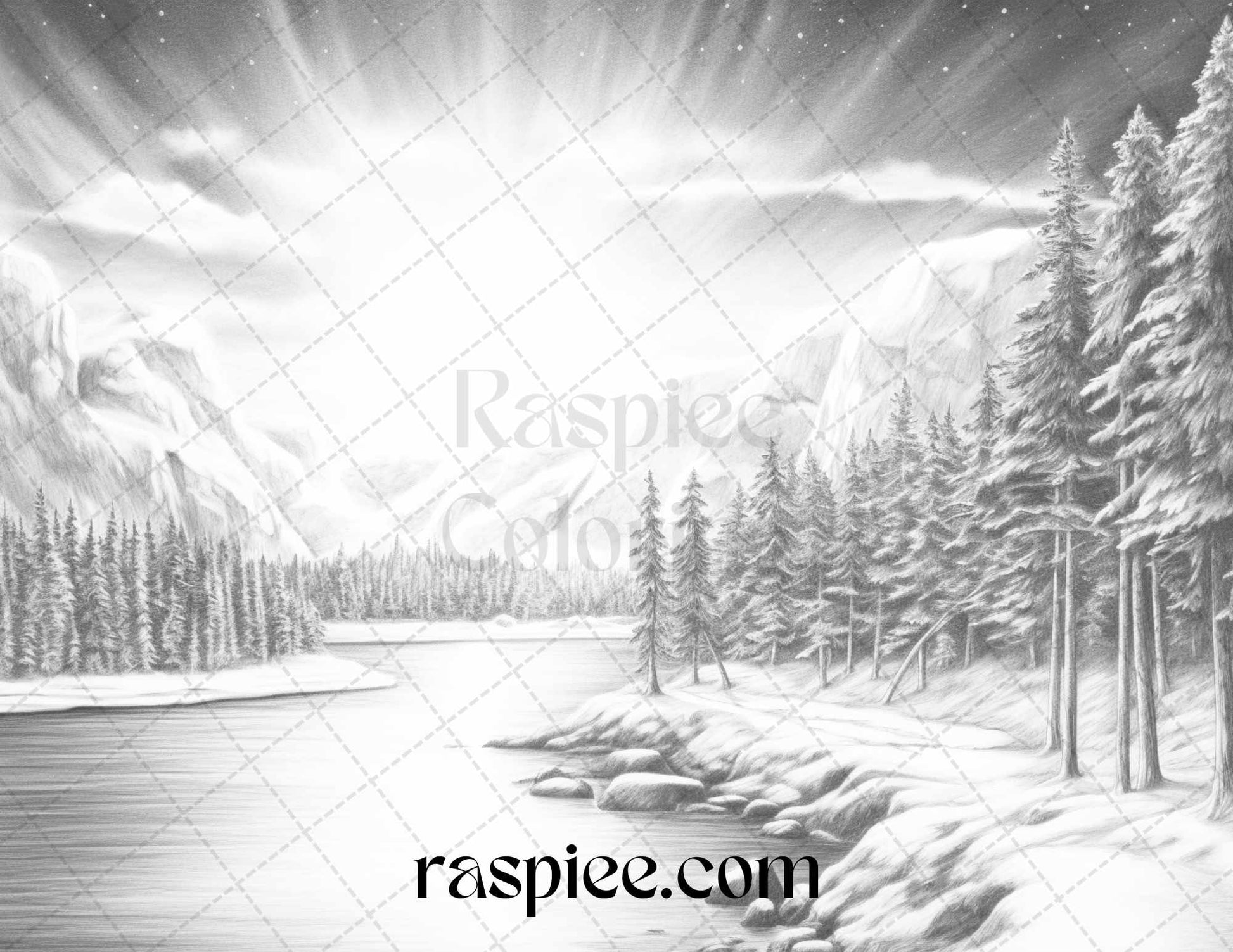 Aurora Borealis Landscape Coloring Page, Printable Adult Grayscale Coloring Sheet, Nordic Nature Scene Black and White Art, Relaxing Coloring Page for Adults, Digital Download Printable Coloring Book, Serene Winter Night Sky Coloring, Tranquil Scandinavian Grayscale Art