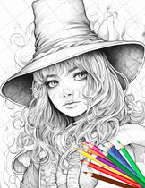 40 Cute Witches Coloring Pages Printable for Adults, Grayscale Colorin ...