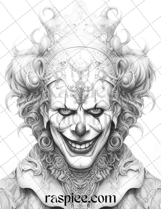 40 Spooky Clowns Grayscale Coloring Pages Printable for Adults, PDF Fi ...