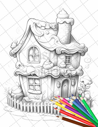 50 Adorable Cake Houses Grayscale Coloring Pages Printable for Adults ...