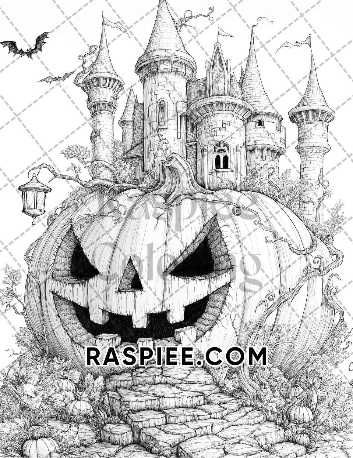 Fantasy Giant Pumpkin Castles Adult Coloring Pages Printable PDF Instant Download - RASPIEE