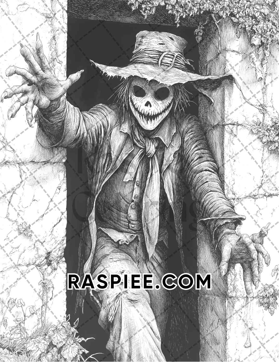 Horror Scarecrow Halloween Adult Coloring Pages Printable PDF Instant Download