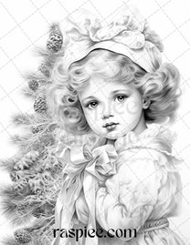 50 Vintage Christmas Girls Grayscale Coloring Pages for Adults and Kid ...