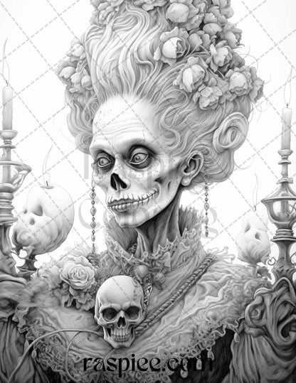 Halloween grayscale coloring pages for adults, Victorian era spooky coloring printables, Eerie Victorian era coloring pages, Halloween decor in black and white, Adult coloring for Halloween, Creepy Victorian era coloring sheets, High-quality grayscale Halloween printables, Halloween Grayscale Coloring Pages