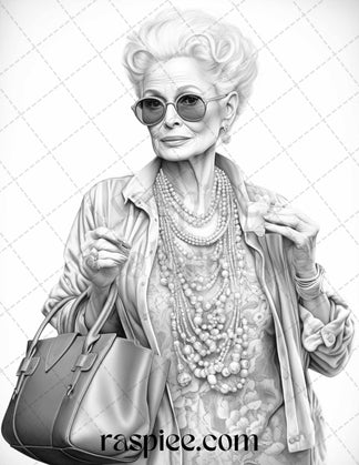 40 Fashionista Grandma Grayscale Coloring Pages Printable for Adults ...