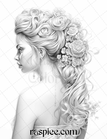 43 Beautiful Hairstyles Grayscale Coloring Pages Printable for Adults, PDF File Instant Download - Raspiee Coloring