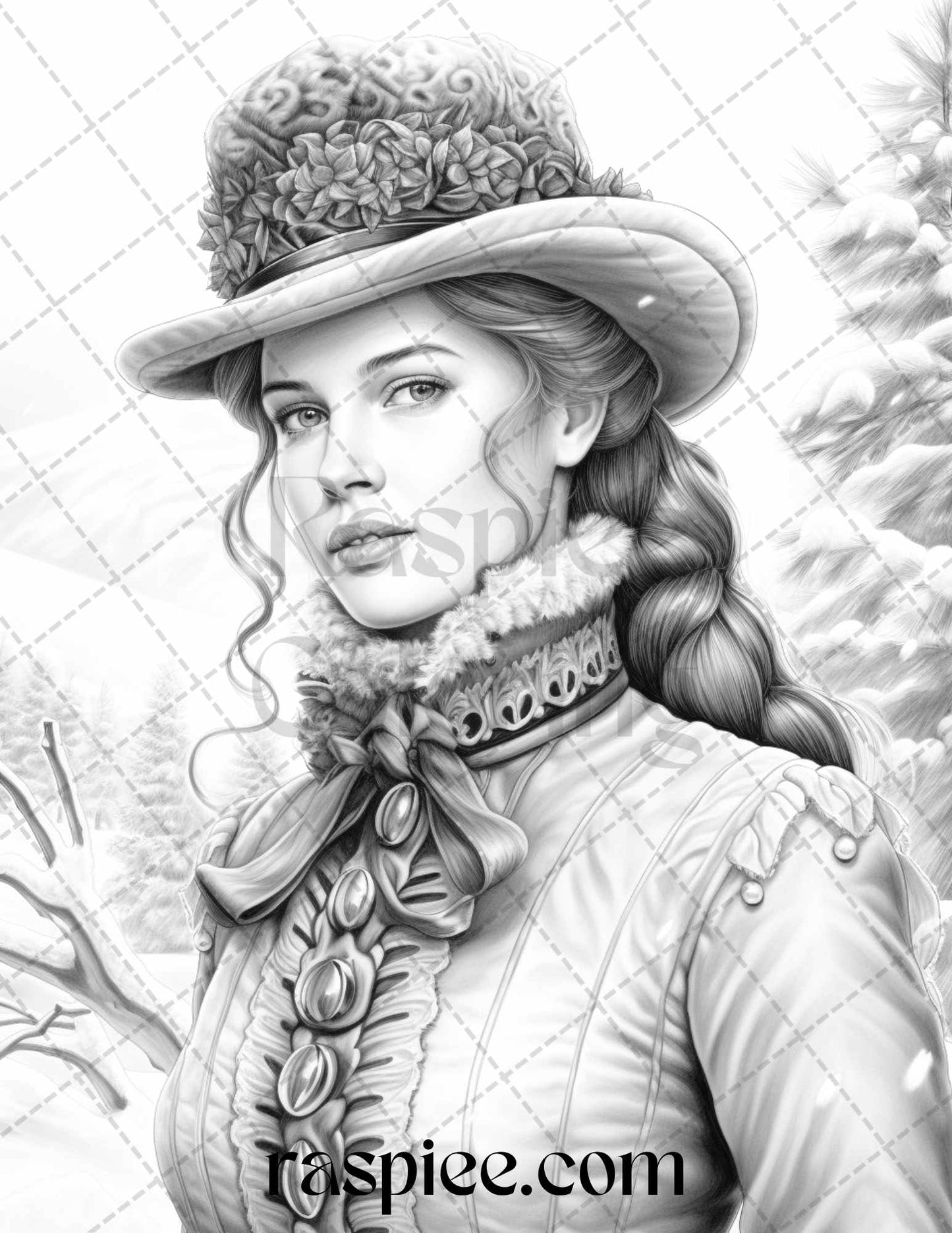 Victorian Winter Coloring Page, Grayscale Adult Coloring Printable, Detailed Vintage Portrait, Instant Download Art, Stress-Relief Coloring Sheet, DIY Craft Supply Illustration, Relaxing Coloring Activity, Vintage Style Coloring Book, Winter Scene Coloring, Portrait Coloring Pages, Christmas Coloring Pages