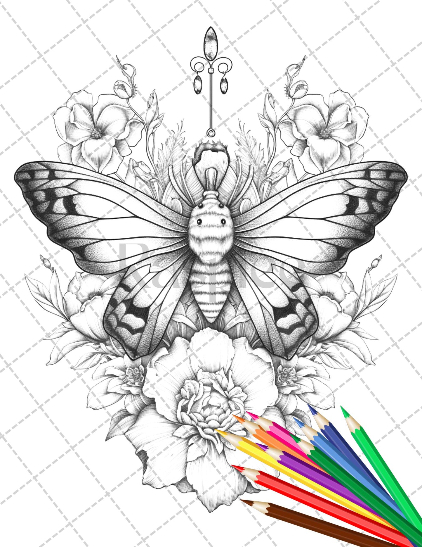 32 Beautiful Moths and Floral Coloring Book for Adults, Grayscale Coloring Page, Printable PDF Instant Download - raspiee
