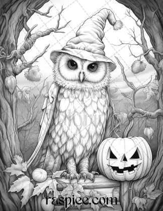 Halloween Witch Owl Grayscale Coloring Pages for Adults and Kids, Prin ...