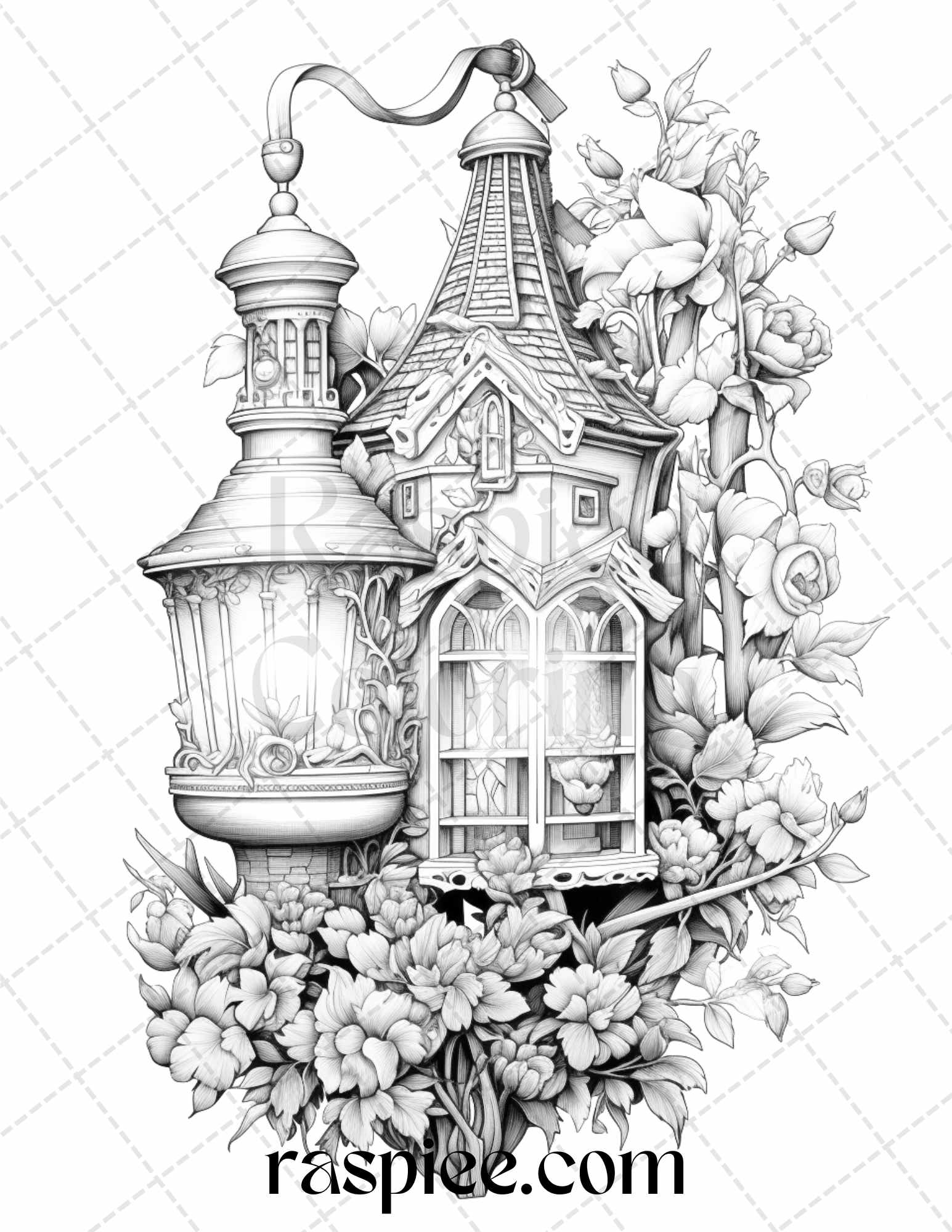 50 Lantern Fairy Houses Grayscale Coloring Pages Printable for Adults, PDF File Instant Download - raspiee