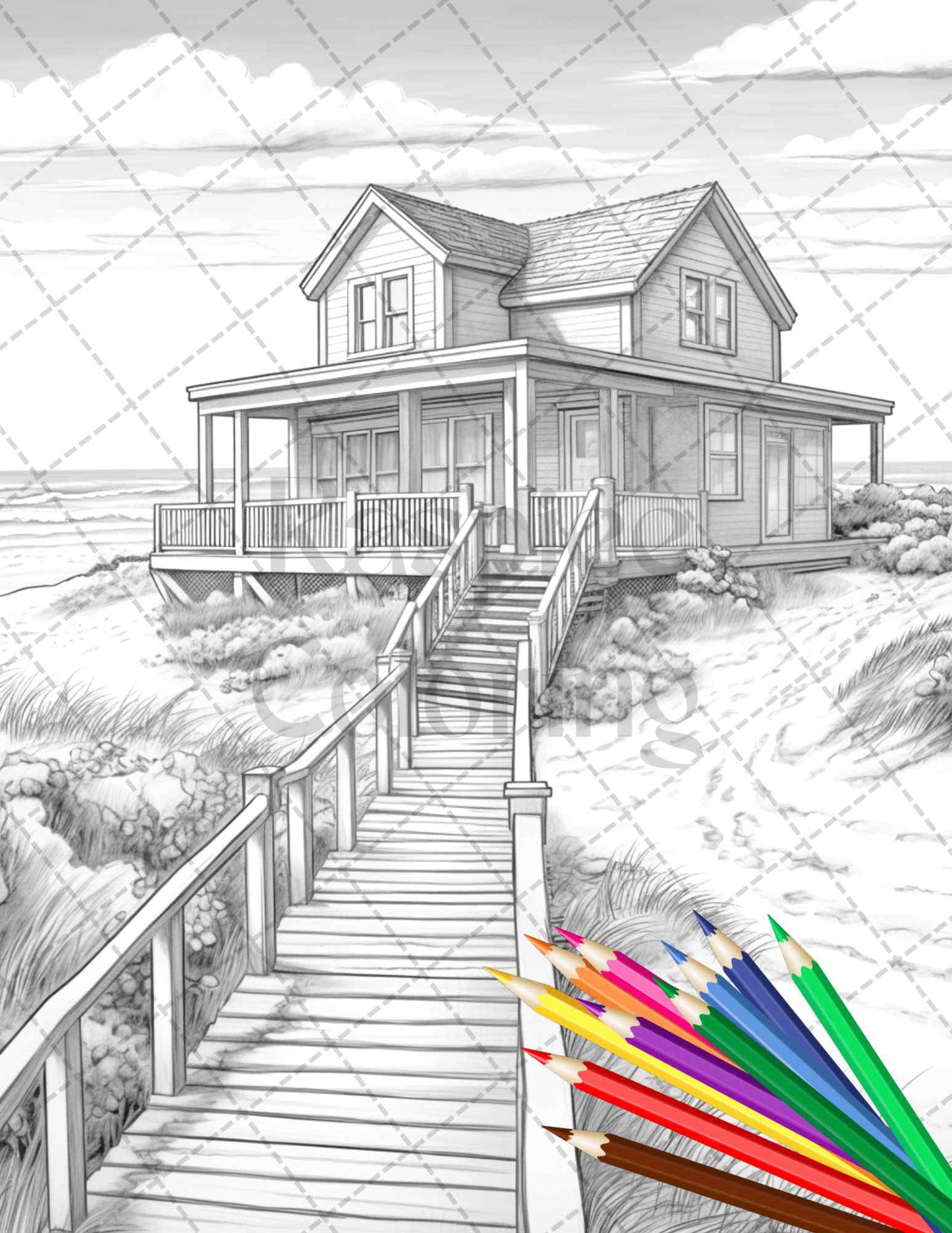 42 Wooden Beach Houses Grayscale Coloring Pages Printable for Adults, PDF File Instant Download - raspiee