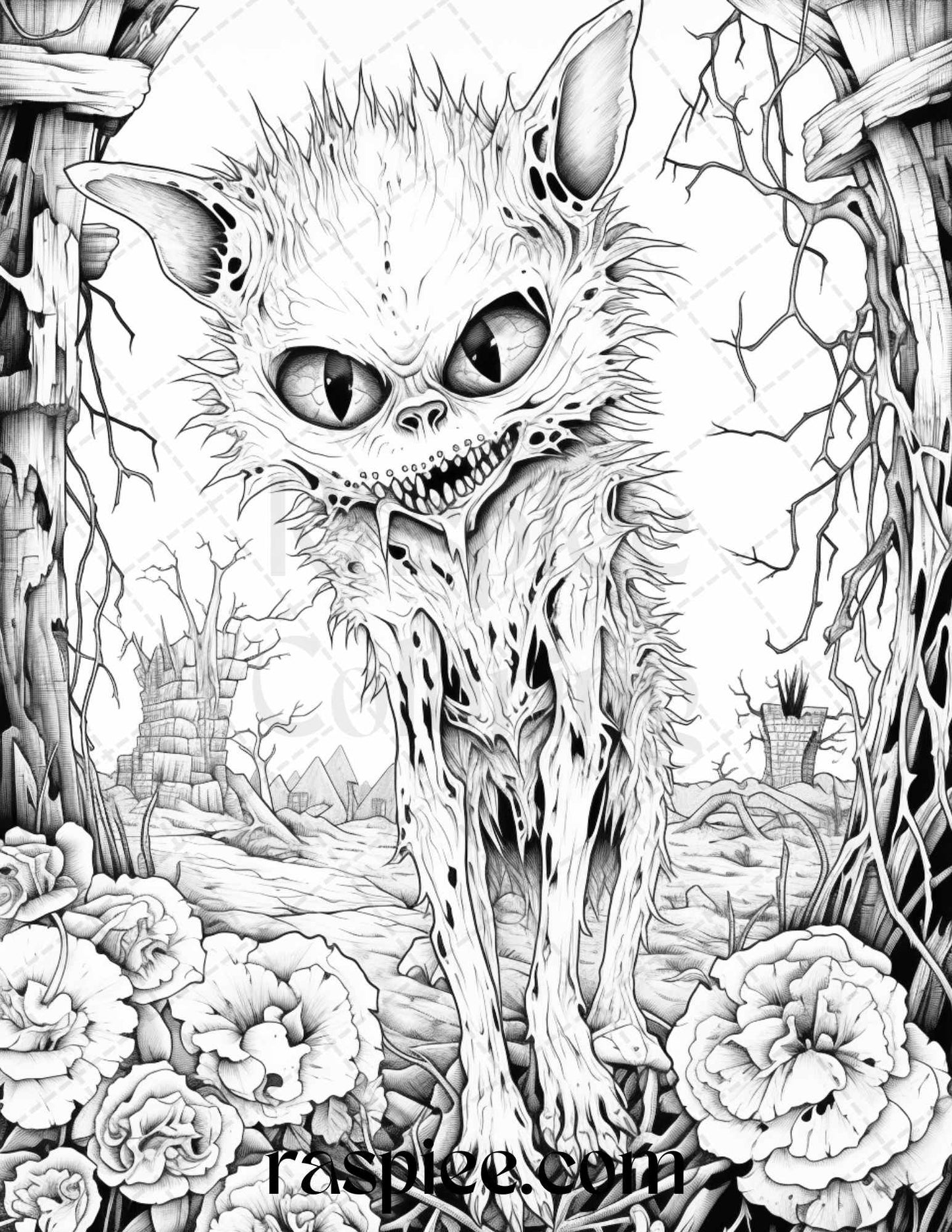 66 Horror Zombie Animals Grayscale Coloring Pages Printable for Adults, PDF File Instant Download - Raspiee Coloring