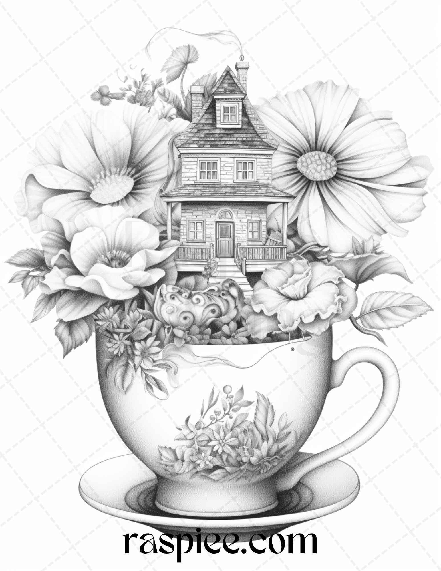 Flower Teacup Fairy Houses Coloring Pages, Printable Grayscale Coloring Pages for Adults, Floral Fantasy Coloring Sheets, Coloring Pages for Grown-ups, Adult Coloring Book Activity, Relaxing Nature-Inspired Coloring