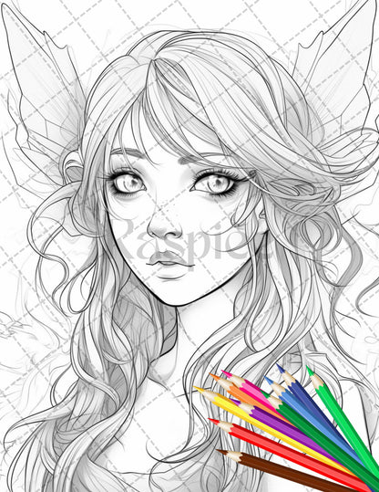 32 Anime Fairy Girl Printable Coloring Pages for Adults, Cute Fairy Grayscale Coloring Book, Printable PDF File Download - raspiee