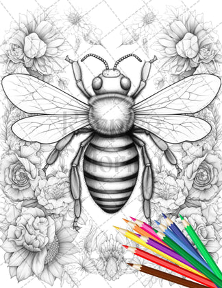 48 Vintage Botanical Bee Grayscale Coloring Pages Printable for Adults ...