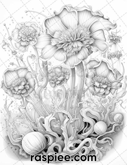Fantasy Flowers Grayscale Coloring Pages, Printable for Adults, Detailed Coloring Images, Stress Relief Coloring, Flower Coloring Pages for Adults, Flower Coloring Sheets, Flower Coloring Book Printable