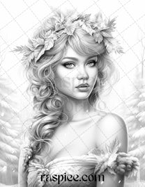 50 Winter Fairy Grayscale Coloring Pages Printable for Adults, PDF Fil ...