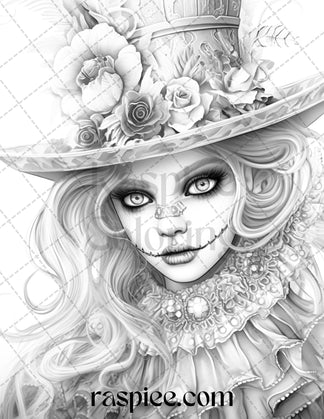 55 Halloween Girls Grayscale Coloring Pages Printable for Adults, PDF ...