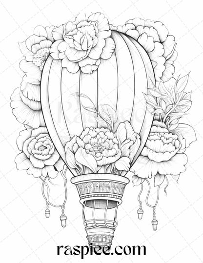 42 Flower Hot Air Balloons Grayscale Coloring Pages Printable for Adults, PDF File Instant Download - Raspiee Coloring