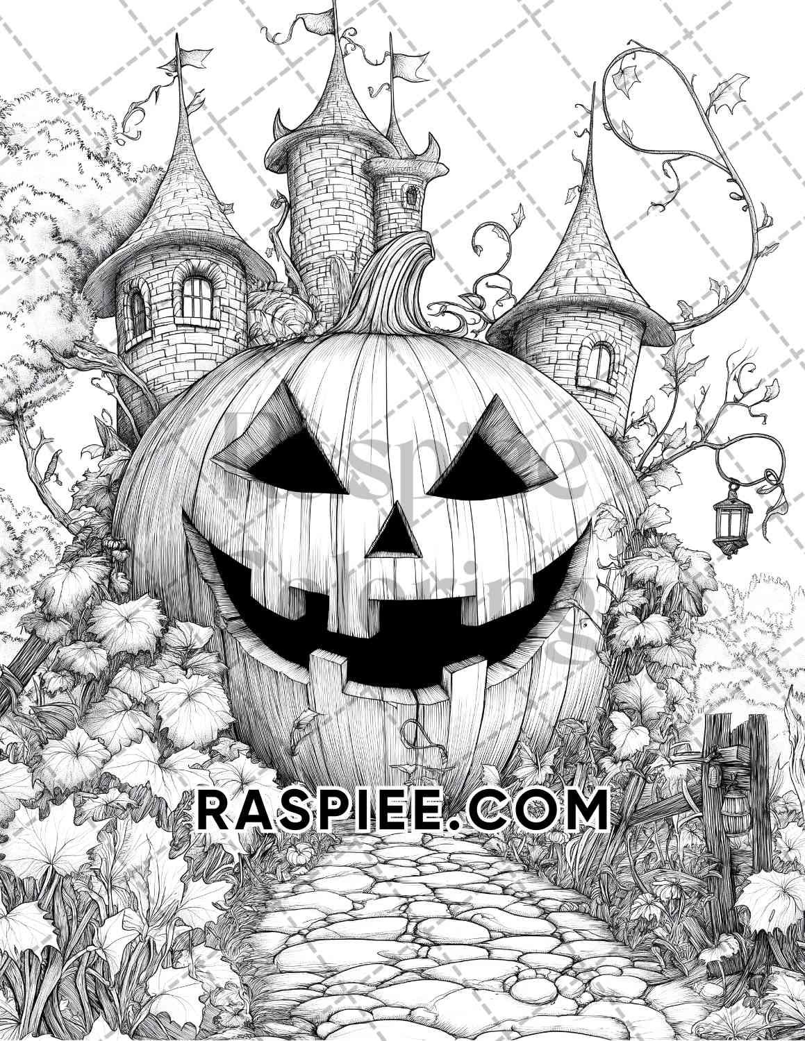 Fantasy Giant Pumpkin Castles Adult Coloring Pages Printable PDF Instant Download - RASPIEE