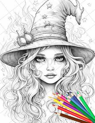 40 Cute Witches Coloring Pages Printable for Adults, Grayscale Colorin ...