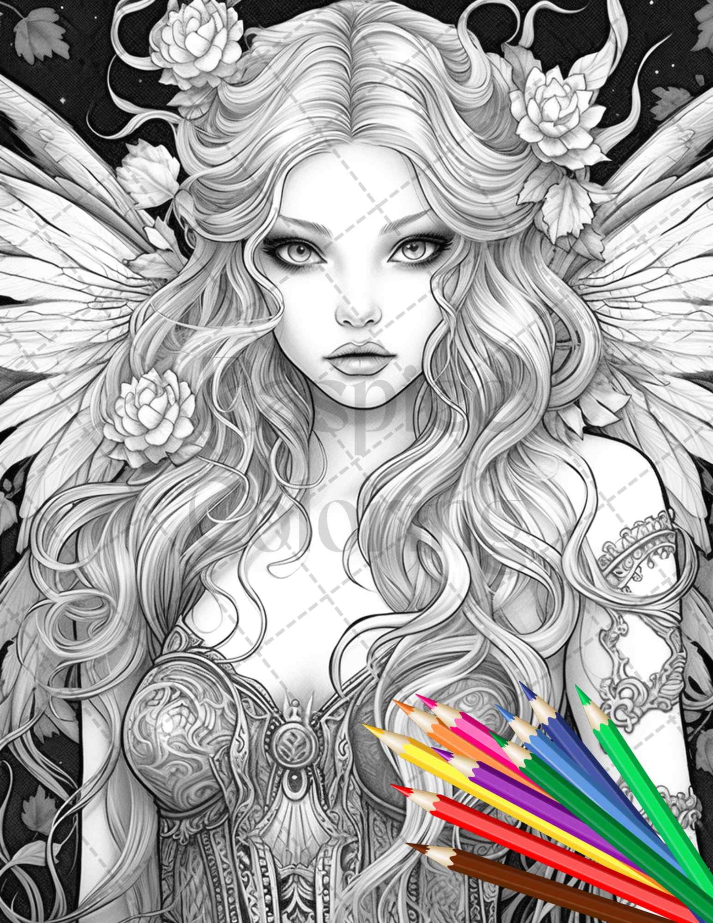 Beautiful Dark Fairy Grayscale Coloring Pages Printable for Adults, PDF File Instant Download - raspiee