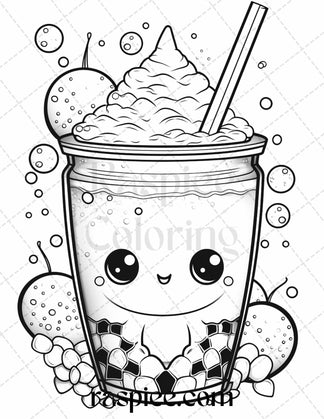 50 Cute Kawaii Boba Tea Grayscale Coloring Pages for Adults and Kids ...