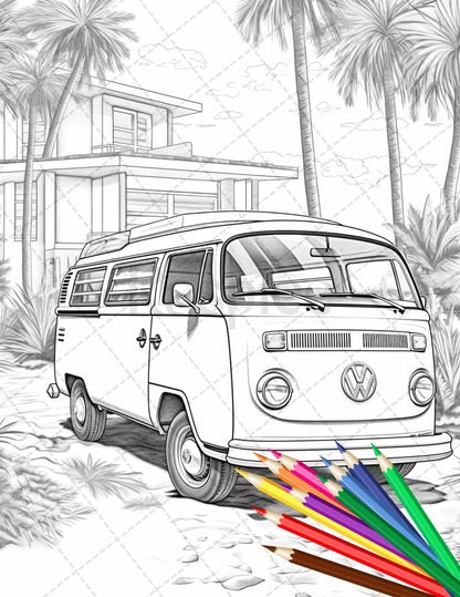 30 Campervan Adventure Grayscale Coloring Pages Printable for Adults, PDF File Instant Download - raspiee