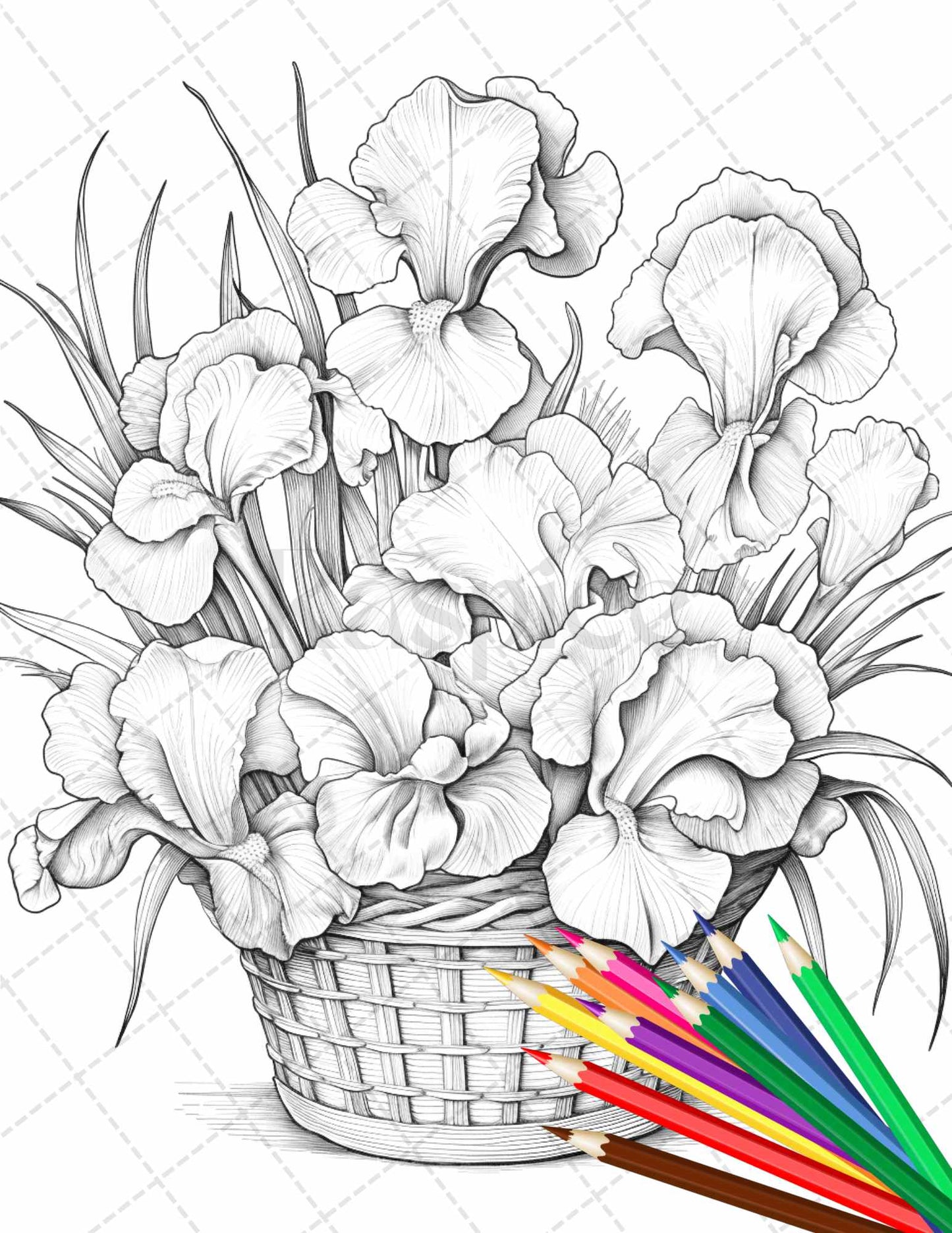 30 Flower Baskets Grayscale Coloring Pages for Adults, PDF File Instant Download - raspiee