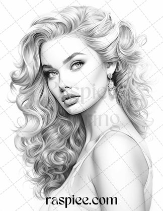 50 Vintage Pin Up Girls Grayscale Coloring Pages Printable for Adults ...