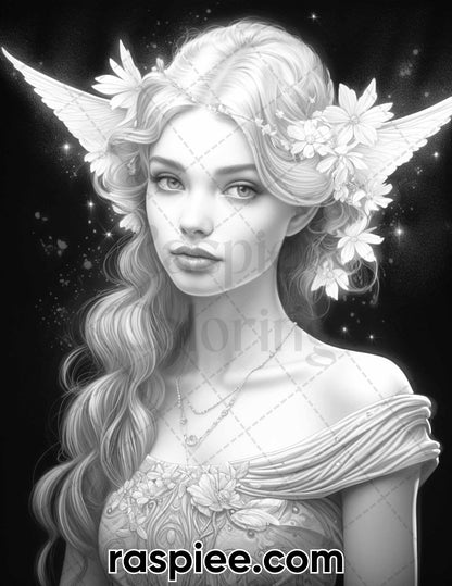 Starlight Fairy Grayscale Coloring Page, Printable Fairy Adult Coloring Sheet, Mystical Fantasy Artwork for Stress Relief, Relaxing Coloring Pages, High-Quality Coloring Printable, Digital Fairy Coloring Page, Fairyland Coloring Pages, Fantasy Coloring Pages for Adults, Portrait Coloring Pages, Fairytale Coloring Pages for Adults