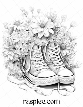 40 Flower Sneakers Grayscale Coloring Pages Printable For Adults, Pdf 