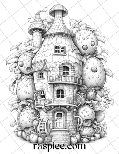 50 Strawberry Houses Grayscale Coloring Pages Printable for Adults Kids, PDF File Instant Download - raspiee