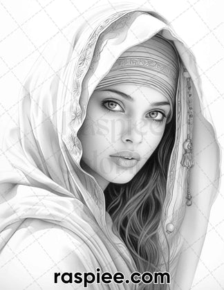 42 Arabian Woman Portrait Gayscale Coloring Pages For Adults, Printabl 