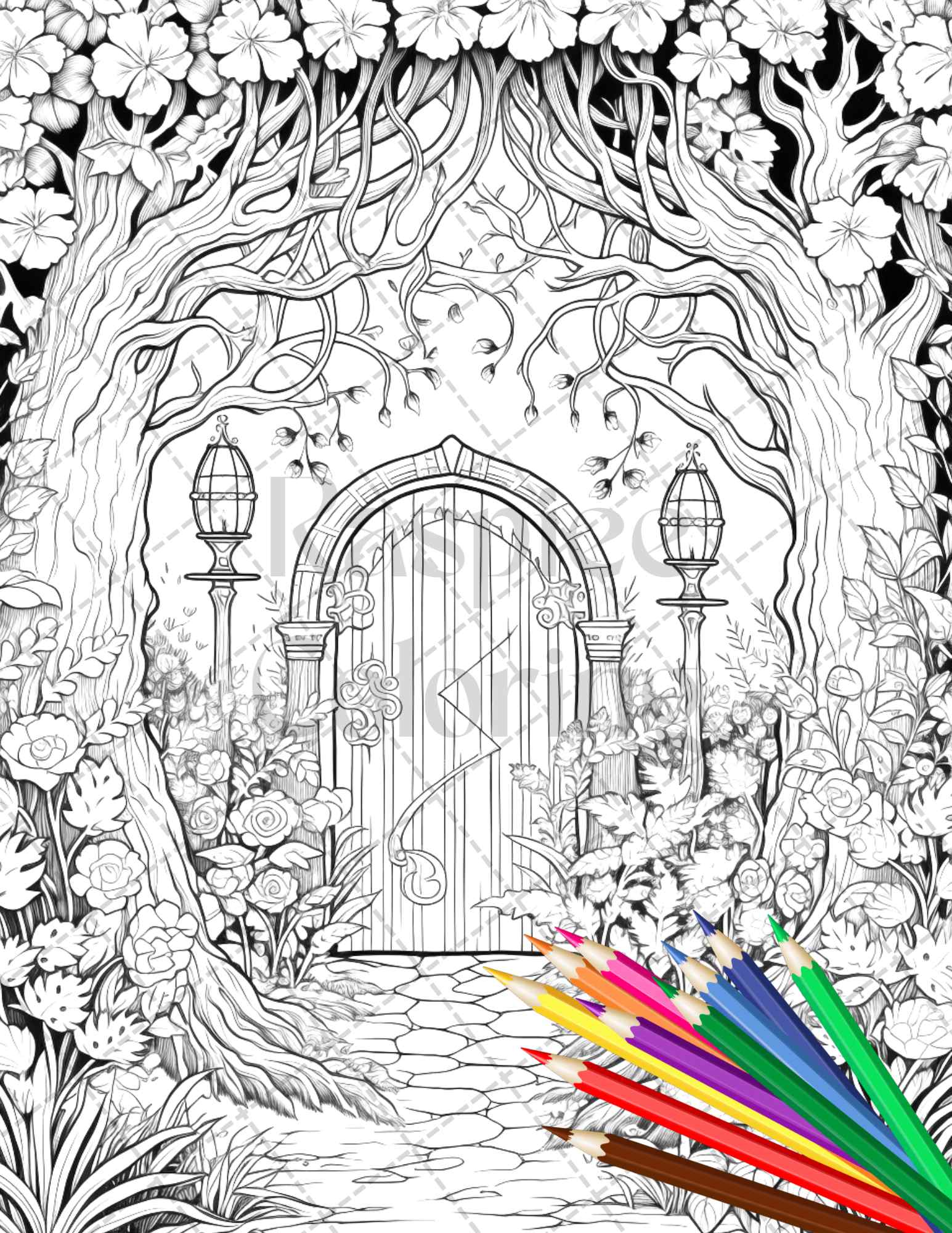 40 Magical Forest Gates Grayscale Coloring Pages Printable for Adults, PDF File Instant Download - raspiee