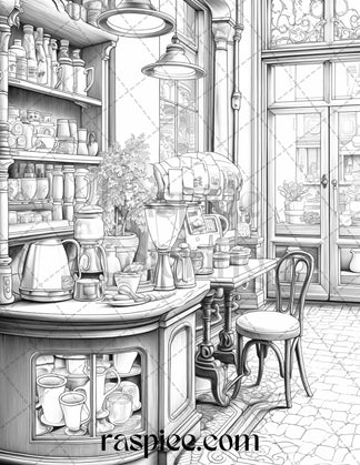 50 Cozy Coffee Shop Grayscale Coloring Pages Printable for Adults, PDF ...