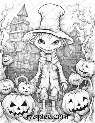 50 Halloween Scarecrows Grayscale Coloring Pages Printable for Adults ...