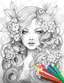 38 Flower Goddess Coloring Pages Printable for Adults, Grayscale Color ...