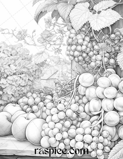 Relaxing Fruit Garden Grayscale Coloring Pages Printable for Adults, PDF File Instant Download - Raspiee Coloring