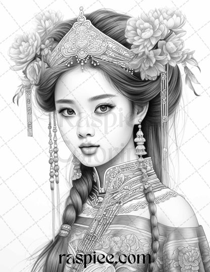 Chinese Girls Grayscale Coloring Page, Printable Adult Coloring Art, Relaxing Coloring Page for Adults, Intricate Chinese Girls Illustration, Mindful Grayscale Coloring Design, Portrait Coloring Pages for Adults